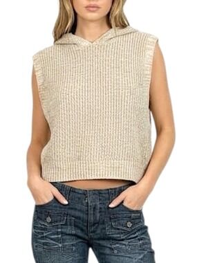 Pimkie France linen blend oatmeal beige oversized sleeveless hooded sweater S